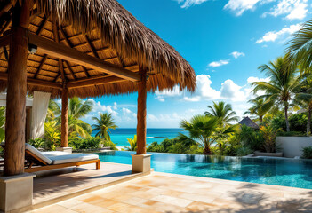 A tropical resort with a thatched-roof pavilion overlooking a swimming pool surrounded by palm trees and lush greenery against a blue sky with clouds