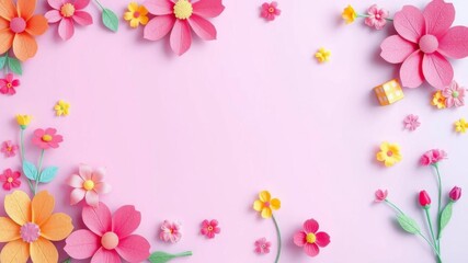 Abstract background featuring paper cut flowers in various colors and shapes, with a blank space for custom text, artistic, summer, shapes