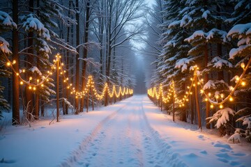 Winter wonderland pathway with festive lights and snowy trees
