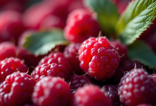 Close-up of fresh, ripe red raspberries