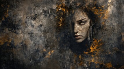 Obraz premium Woman's face emerging from textured gold and dark background