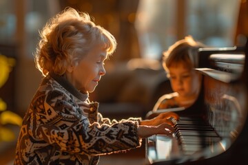Fototapeta premium A child learns piano from an elderly person in a cozy, sunlit room.