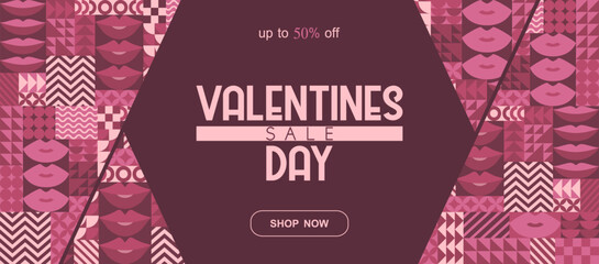 Valentines Day sale vector illustration with pink lips, bauhaus abstract geometric shapes background. Modern flat design pattern template for advertising, poster print, banner, card, flyer