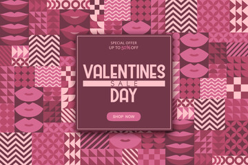 Valentines Day sale vector illustration with pink lips and bauhaus abstract geometric shapes background. Modern design pattern template for advertising, poster print, banner, card, flyer