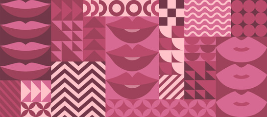 Valentines Day vector illustration with pink lips and bauhaus abstract geometric shapes background. Modern design pattern template for poster print, invitation, web banner, card, flyer