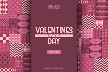Valentines Day sale vector illustration with pink lips and bauhaus abstract geometric shapes background. Modern design pattern template for poster print banner card flyer advertising