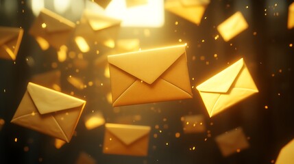 Golden envelopes floating in a bright atmosphere.