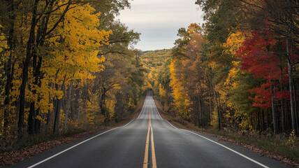 Fototapeta premium Scenic Fall Road Through Vibrant Forest with Yellow, Orange, and Red Leaves, Well-Maintained Smooth Road with White Dividing Lines, Canopy Thinning Towards Distance, Overcast Sky and Cool Crisp 