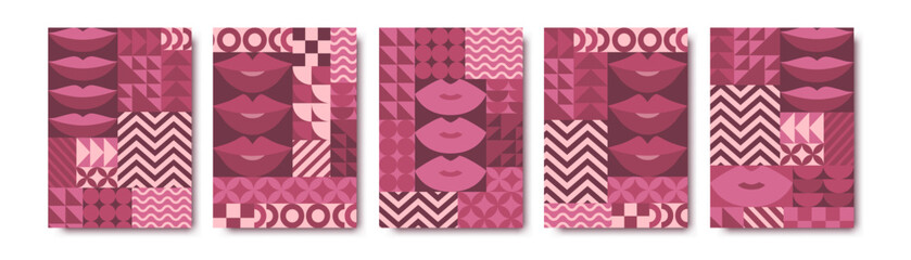 Valentines Day vector illustrations set with pink lips and bauhaus abstract geometric shapes backgrounds. Modern design pattern templates for poster print, invitation, web banner, card, flyer