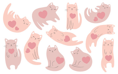 Vector Valentine Day illustration with cute hand drawn cats and hearts in pastel colors isolated on white background. Adorable animal design set for card print, wallpaper, poster, decoration