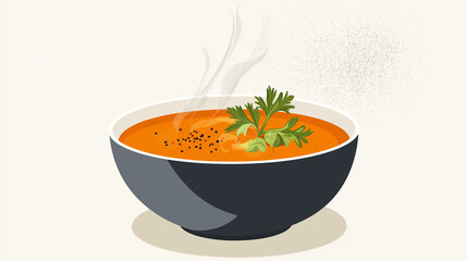 Delicious steaming soup in a modern bowl with herbs on a light background