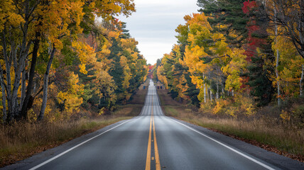 Fototapeta premium Scenic Fall Road Through Vibrant Forest with Yellow, Orange, and Red Leaves, Well-Maintained Smooth Road with White Dividing Lines, Canopy Thinning Towards Distance, Overcast Sky and Cool Crisp 