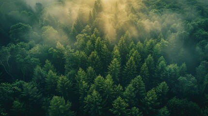 Aerial view of a foggy forest at sunrise, with sun rays breaking through the mist and illuminating the trees in shades of green.