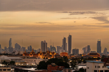 Cityscape of Bangkok, the city of angels with grand palace during sunset.