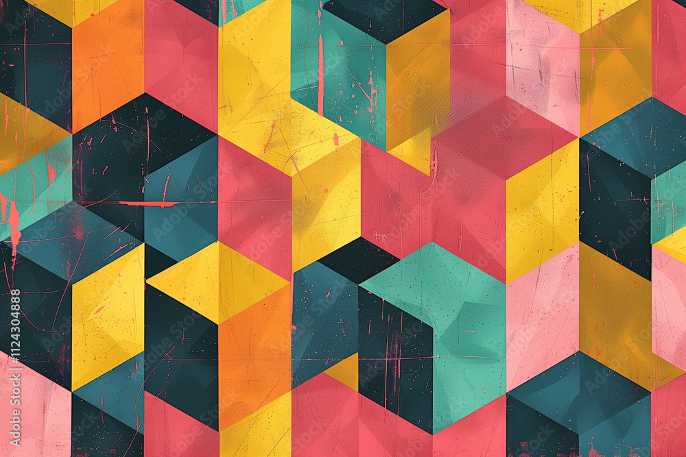 Poster retro-style geometric pattern wallpaper with vibrant cubes and bold color combinations.