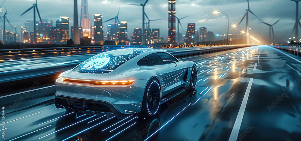 Poster a futuristic electric car is driving on the highway, surrounded by wind turbines and skyscrapers in 