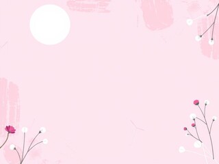 Naklejka premium Abstract pink and lilac background with swabs, flowers, leaves, thin black lines, and a big white circle, abstract, pink, lilac