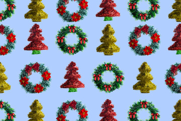 Many Christmas decorations, laid out in a pattern, fill the light blue background