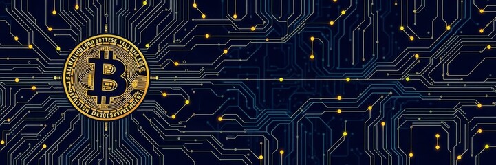 Abstract technology background with cryptocurrency concept depicting bitcoin symbol on a circuit board, cryptocurrency, encryption, data