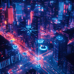 A smart city at night with AI-powered surveillance drones patrolling the streets, holographic traffic lights changing color based on real-time data, and interactive safety kiosks providing emergency