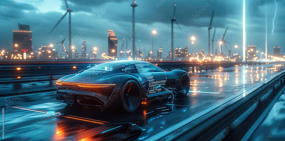 Poster a futuristic electric car is driving on the highway, surrounded by wind turbines and skyscrapers in 