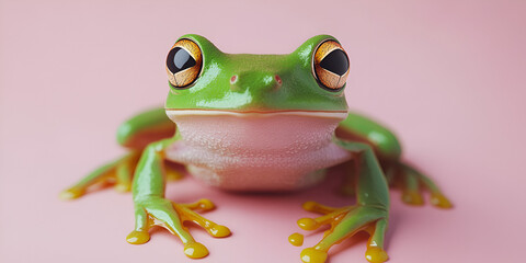  Close-Up of a Vibrant Green Frog on a Pink Background