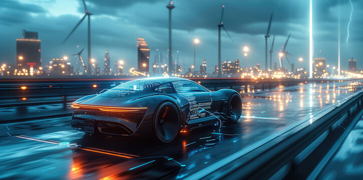 A futuristic electric car is driving on the highway, surrounded by wind turbines and skyscrapers in the background. The vehicle has holographic elements that display real-time energy flow data. - Powered by Adobe