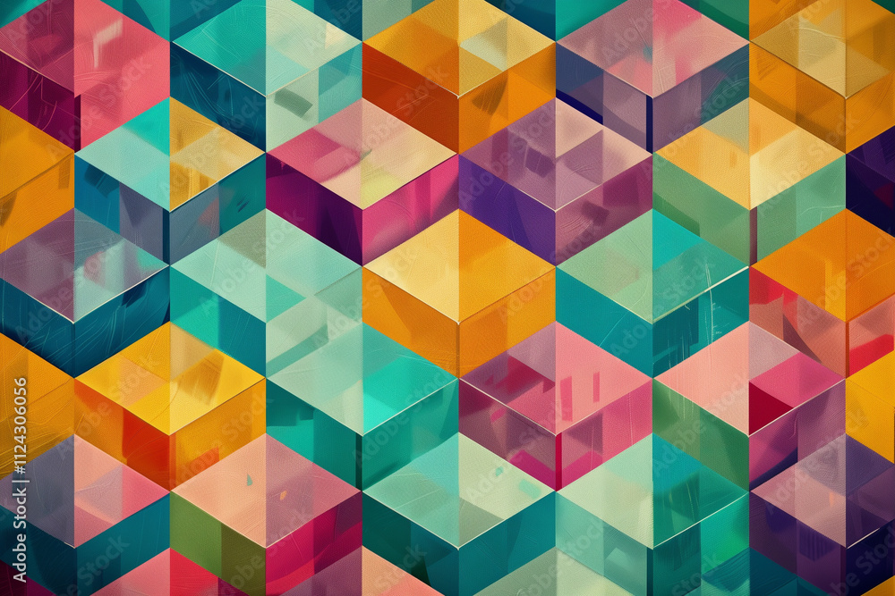Poster retro-style geometric pattern wallpaper with vibrant cubes and bold color combinations.