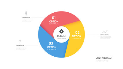 Infographic Venn diagram chart template for business 3 parts options, vector illustration.