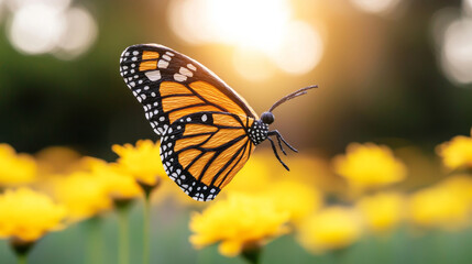 Obraz premium vibrant butterfly fluttering over yellow flowers in sunny garden