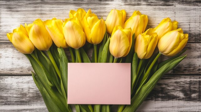 Yellow tulips framing pink note wooden background minimalist mockup.