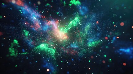 Fototapeta premium Abstract Cosmic Nebula with Green, Red, and Blue Glowing Particles