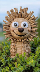 Obraz premium charming straw lion figure with friendly smile peeking from bush