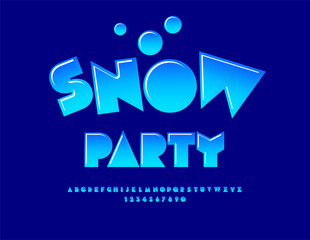 Vector holiday poster Snow Party. Fashion Blue Font. Glossy Cool Alphabet Letters and Numbers set.