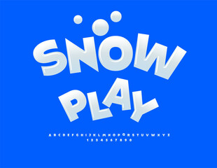Vector funny badge Snow Play. Winter White Font. Trendy Glossy Winter Alphabet Letters and Numbers set.