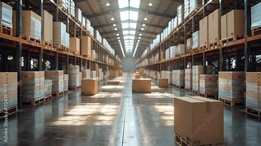 Poster a composition with boxes of different sizes stacked in a modern warehouse.