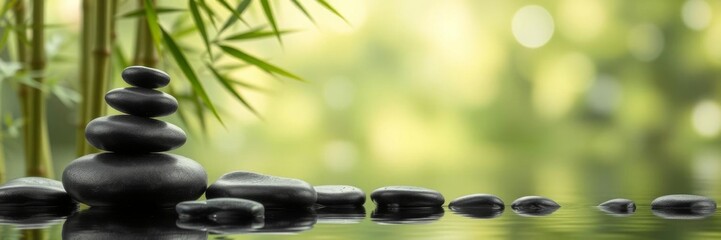 Background of black stones and bamboo floating on calm water in a spa setting, nature, calmness, meditation