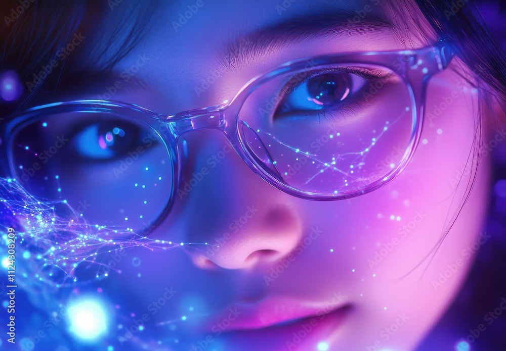 Poster close-up portrait of a person with transparent glasses surrounded by colorful digital light effects 