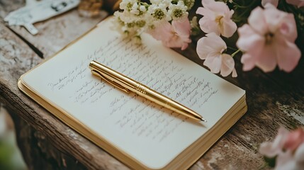 A golden pen resting on a notebook with a personal invitation to a special event