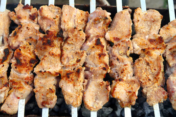 Meat on skewers skewers are cooked on charcoal