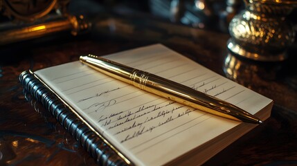 A golden pen resting on a notebook with a personal invitation to a special event