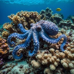A majestic octopus camouflaging among coral in a bright blue sea.