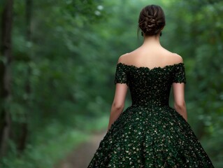 Fototapeta premium Tailored Luxury Silhouette Elegant Evening Gown in Lush Forest Setting Captured from Behind