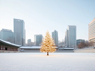 Obraz premium Illuminated Christmas Tree in Historic Seoul Courtyard Tradition Meets Urban Modernity