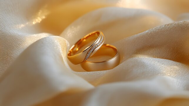A pair of golden wedding bands resting on a soft fabric with soft lighting