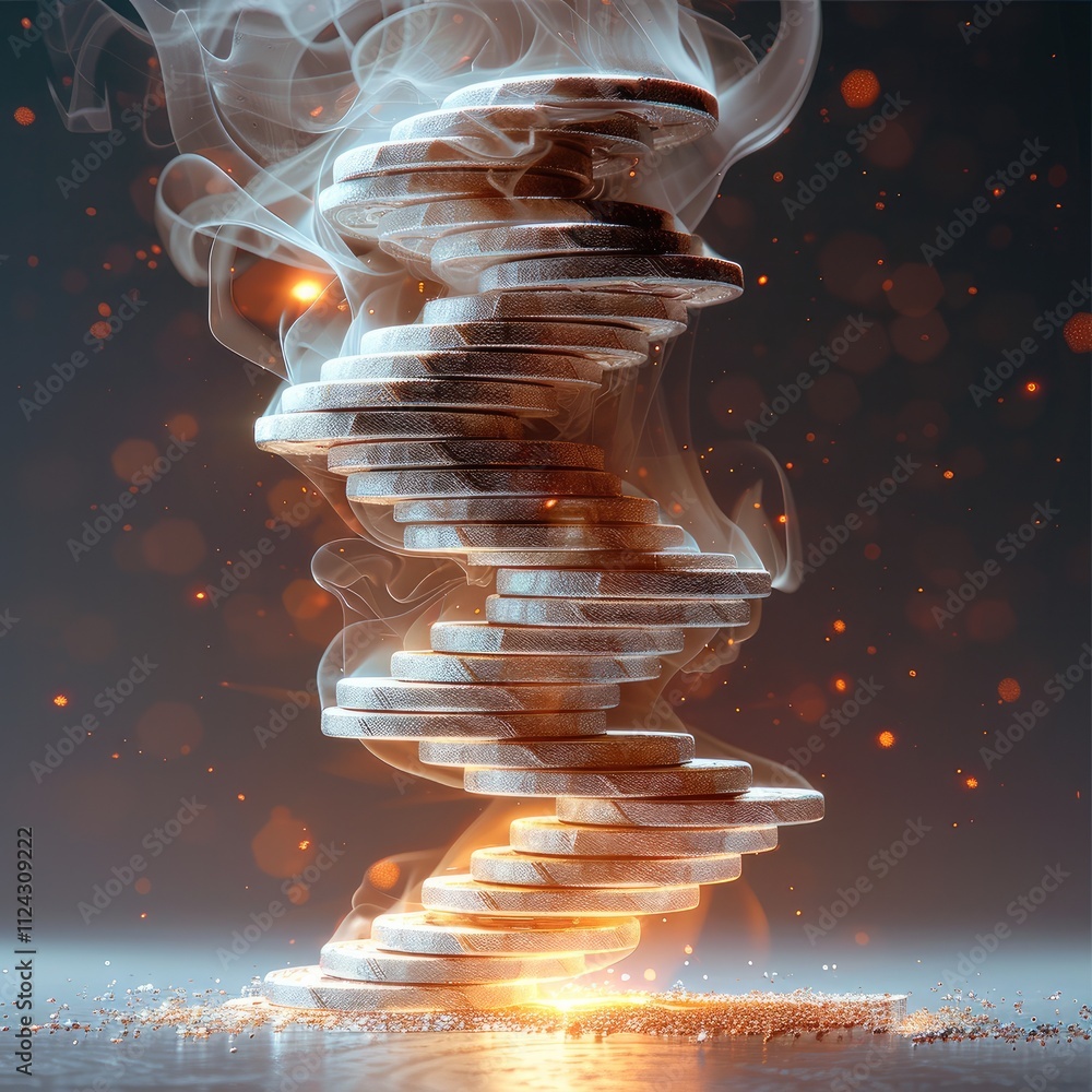 Aufkleber a stack of coins tipping precariously, with tiny cracks forming at the base, but a glowing figure st