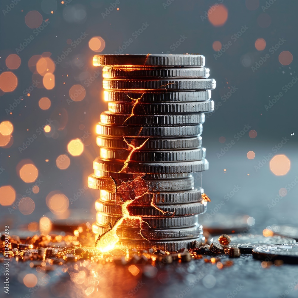 Aufkleber a stack of coins tipping precariously, with tiny cracks forming at the base, but a glowing figure st