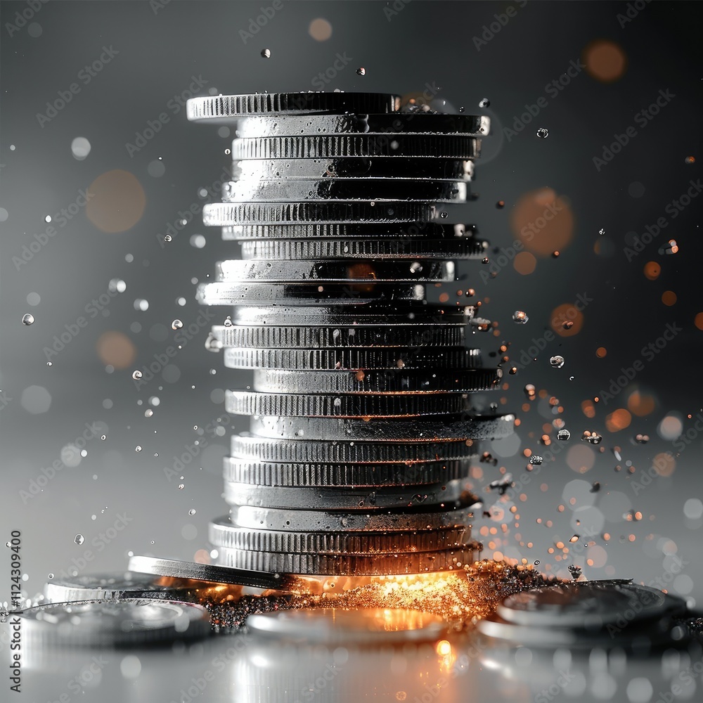 Aufkleber a stack of coins tipping precariously, with tiny cracks forming at the base, but a glowing figure st