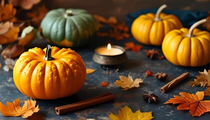 Harvest seasonvibrant pumpkin display on wooden table autumn decor cozy home environment close-up view for seasonal inspiration