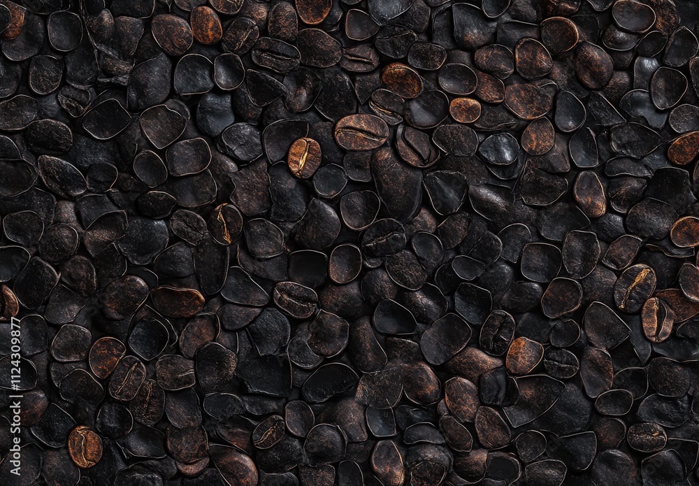 Poster close-up view of dark coffee beans arranged in a textured pattern for background use in design proje